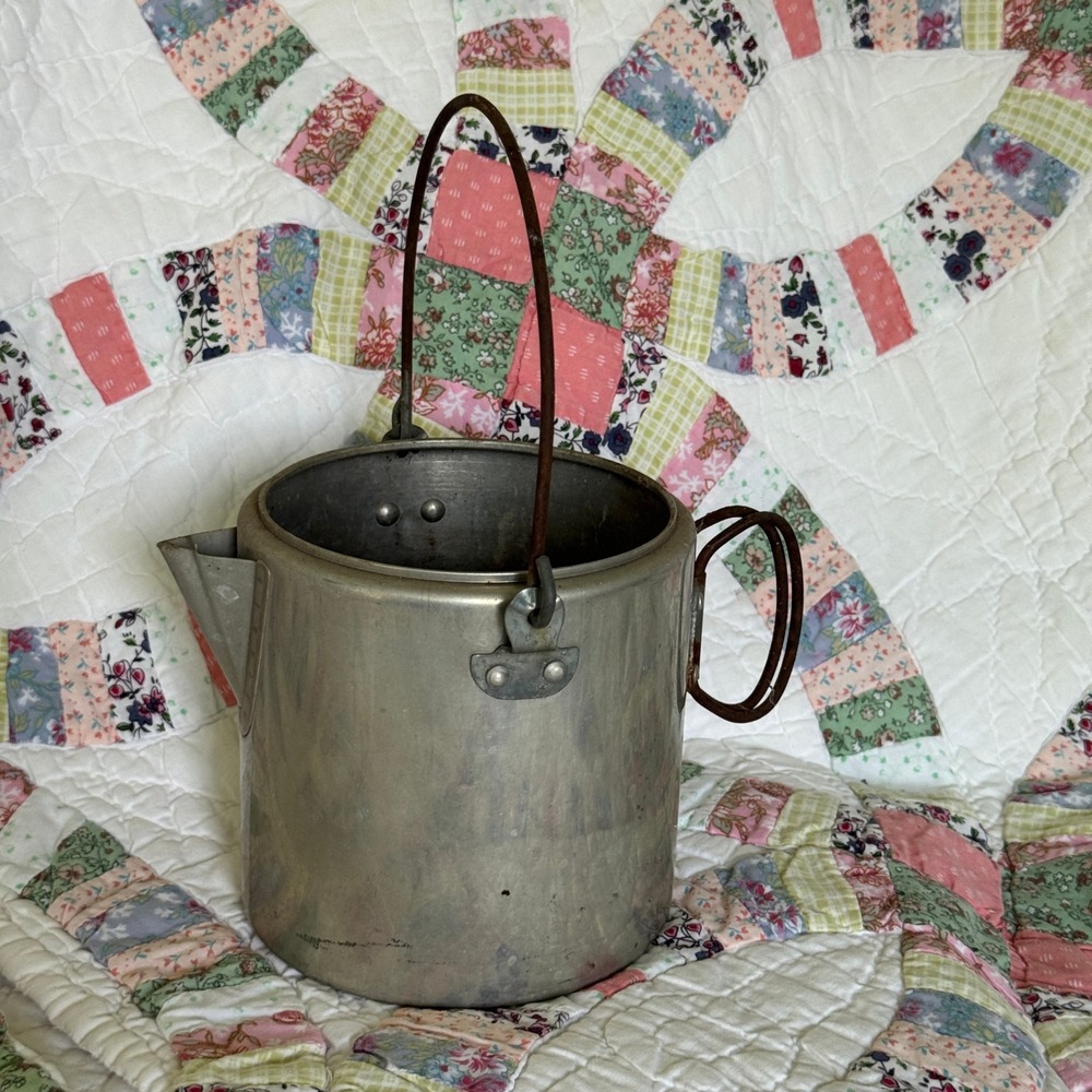 Vintage Aluminum Coffee Pot Rustic Farmhouse Planter Bail Handle Primitive